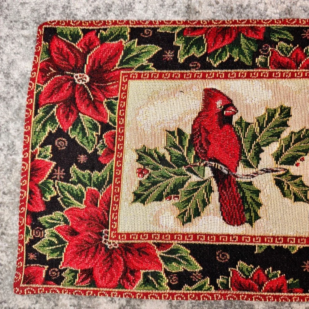 Christmas Cardinal Poinsettia Woven Tapestry Table Runner Holiday Decor 70x13